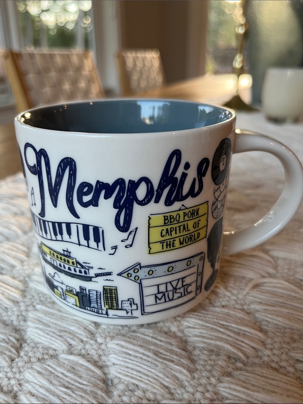 NWOT Starbucks Memphis Ceramic Mug - Navy, Yellow, Gray Interior